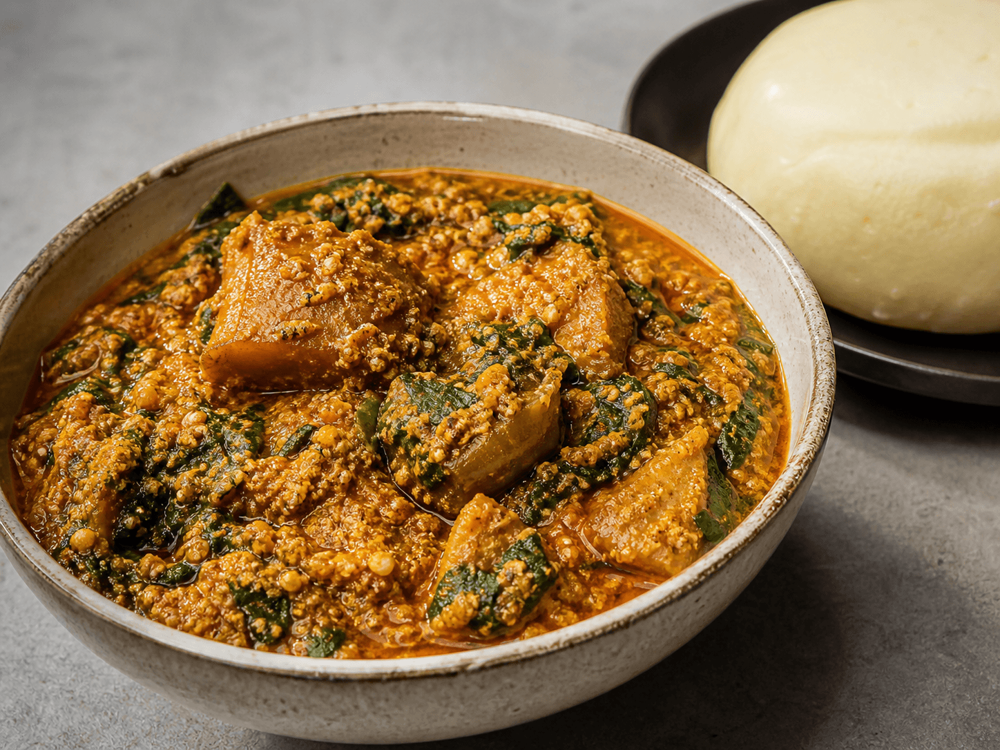Bowl of egusi soup with pounded yam