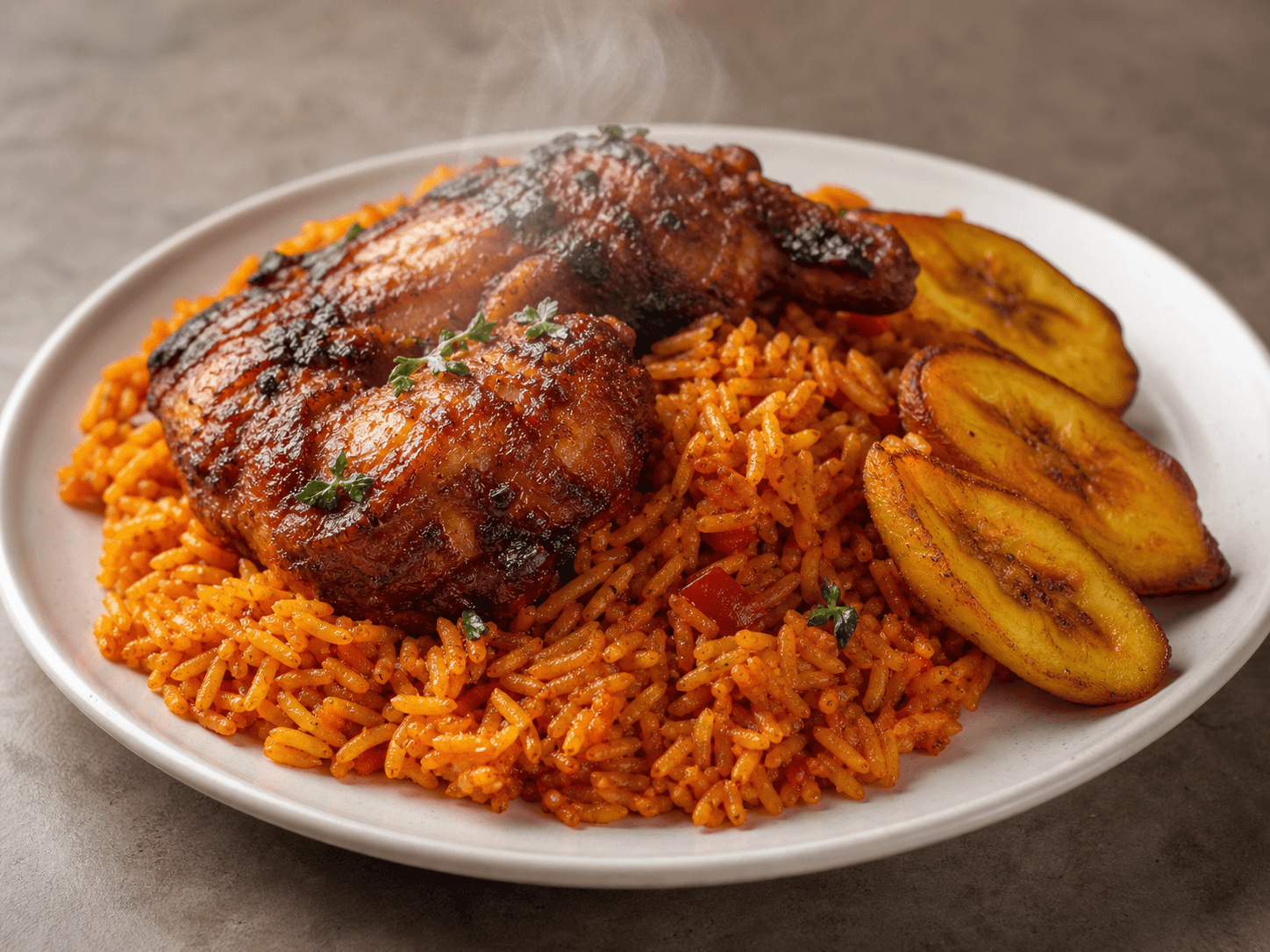 Jollof rice with grilled chicken and fried plantain